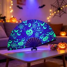 Halloween Folding Hand Fan, Fluorescent Glowing Fan With Pumpkin, Bat, Spider Web, Moon And Star Patterns, Large Rave Clack Fan, Suitable For Parties, Festivals, Nightclubs, Costume Accessories - Multicolor - View 1