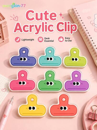 5/10Pcs Random Color Acrylic Paper Clips, Cute Cartoon Expression Binder Clips, Transparent Decorative Journal Clips, Snack Sealing Clips, Back To School Office & Classroom Stationery Gifts For Teens