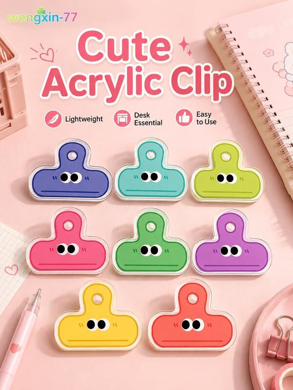 5/10Pcs Random Color Acrylic Paper Clips, Cute Cartoon Expression Binder Clips, Transparent Decorative Journal Clips, Snack Sealing Clips, Back To School Office & Classroom Stationery Gifts For Teens