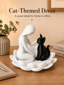 Human And Cat Statue, Modern Black And White 3D Printed Desktop Sculpture, Creative Cat Lover Decor, With Floral Base, Artistic Office Desk Ornament, Suitable For Living Room, Bedroom, Office, Bookshelf, Birthday, Anniversary And Housewarming Gift - Multicolor - View 2