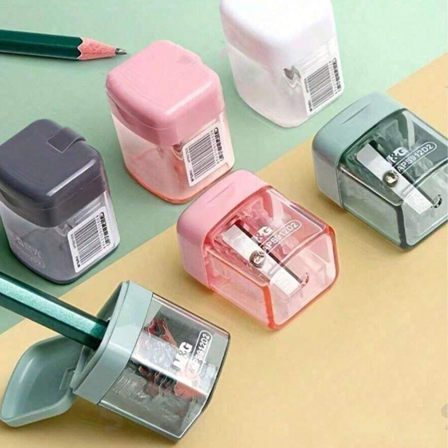 1pc Single Hole Premium Student Pencil Sharpener, Durable And Easy To Clean, With Lid To Prevent Mess, Compact Desktop Stationery Design, Suitable For Office, Home And School, Manual Pencil/Eyebrow Pencil Sharpener, Pink, Grey, White, Green, Random Style - Style 1 - View 1
