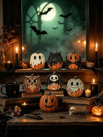 Vintage Halloween Indoor Decor Ornaments, Halloween Home Decor, Room Decoration Aesthetics, Autumn Decorative Items, Vintage Bookshelf Decor Ghost Black Cat Pumpkin Skull Witch Owl, Suitable For Halloween Party, Autumn Home Desktop Crafts, Halloween Gifts, Western Home Decor, Decorative Style