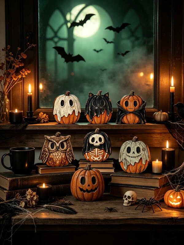 Vintage Halloween Indoor Decor Ornaments, Halloween Home Decor, Room Decoration Aesthetics, Autumn Decorative Items, Vintage Bookshelf Decor Ghost Black Cat Pumpkin Skull Witch Owl, Suitable For Halloween Party, Autumn Home Desktop Crafts, Halloween Gifts, Western Home Decor, Decorative Style