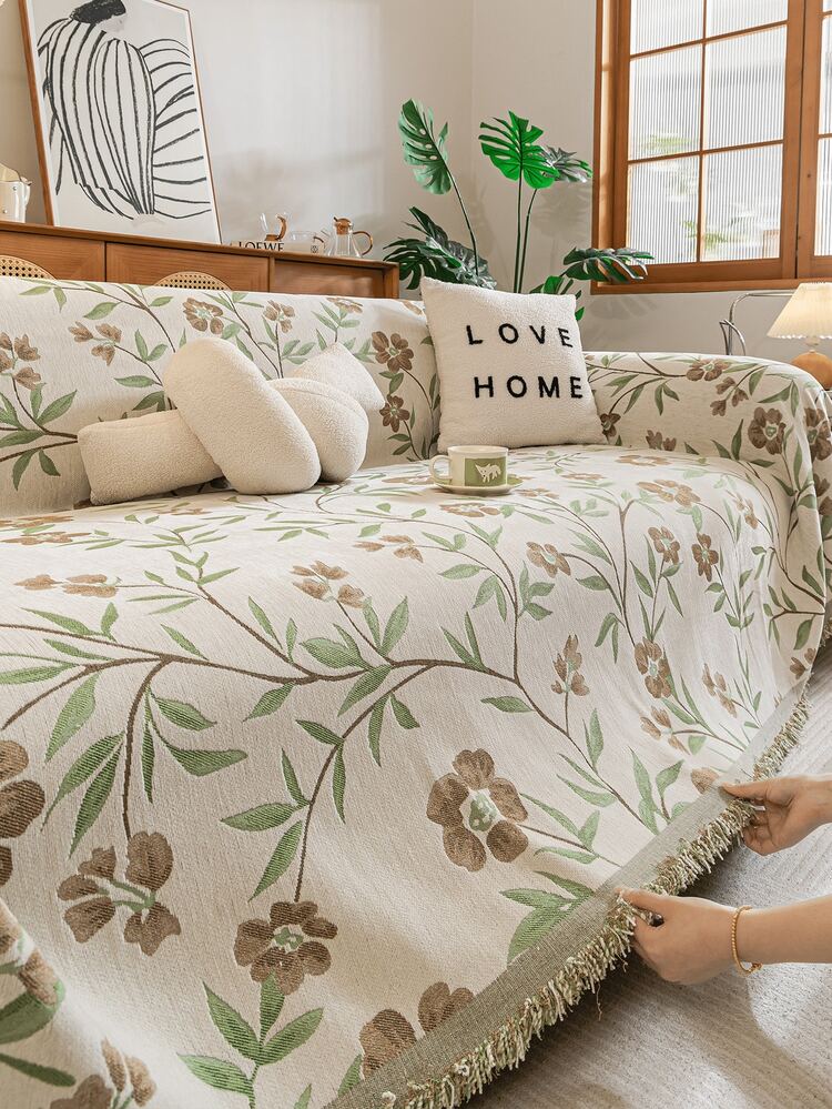 1pc Vintage Green Floral Chenille Sofa Cover, Chinese Style Botanical Pattern Tassel Sofa Protector, Non-Slip All-Season Pet-Friendly Machine Washable Home Decor Sofa Cover, Fits Single, Double, Triple Straight Sofa And L-Shaped Sectional Sofa, Machine Washable No Fading, Dust-Proof Scratch-Proof Stain-Resistant, Suitable For Living Room, Bedroom, Homestay, Rental Home Decoration - Camel - View 7