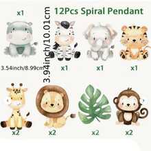 12pcs Grassland Animal Spiral Hanging Decorations With Lion, Giraffe And More, Cartoon Animal DIY For Room Decor, Background Decoration, Atmosphere Creation, Birthday Party Decoration - View 3