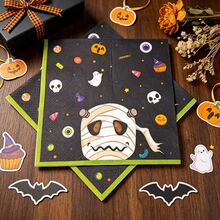 80pcs 13 * 13 Inch Disposable Halloween Printed Napkins, Featuring Cartoon Mummies, Skeletons, Bats, Spider Webs, And Ghost Patterns, Suitable For Halloween Parties, Themed Birthdays, Family Dinners, Outdoor Picnics, And Tabletop Decorations - View 13