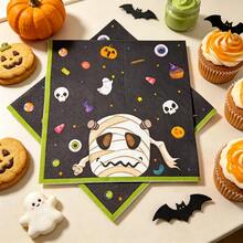 80pcs 13 * 13 Inch Disposable Halloween Printed Napkins, Featuring Cartoon Mummies, Skeletons, Bats, Spider Webs, And Ghost Patterns, Suitable For Halloween Parties, Themed Birthdays, Family Dinners, Outdoor Picnics, And Tabletop Decorations - View 12