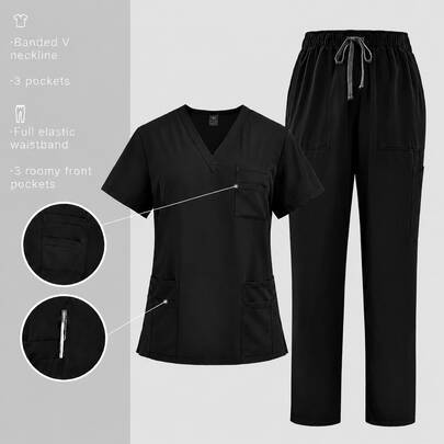 2Pcs Scrub Set, Short Sleeve Multi Pocket Top & Drawstring Straight Leg Pants Healthcare Uniform