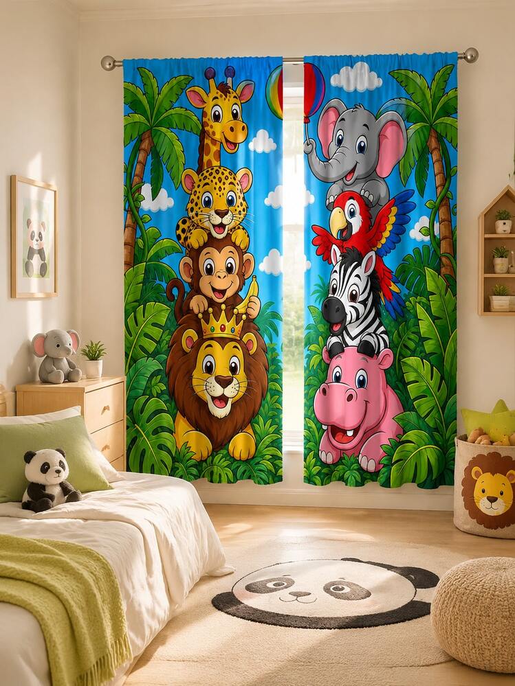 2pcs Cartoon Tropical Rainforest Animal Print Decorative Curtains, Rod Pocket Design, Easy Installation And Removable, Polyester Material, Suitable For Bedroom, Living Room, Creating A Cozy Home Decor Atmosphere - Multicolor - View 17