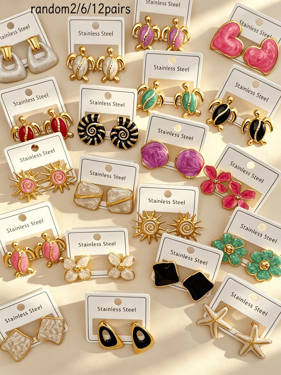 24 piezas de elegantes pendientes de acero inoxidable con diseño geométrico (flor, gota de agua, mariposa, ala). Estos pendientes de acero inoxidable minimalistas y de moda son perfectos para el uso diario de las mujeres y también son un gran regalo para amigas. Pendientes elegantes, set de pendientes, pendientes de otoño. (Se envían al azar) - Multicolor - Ver 1