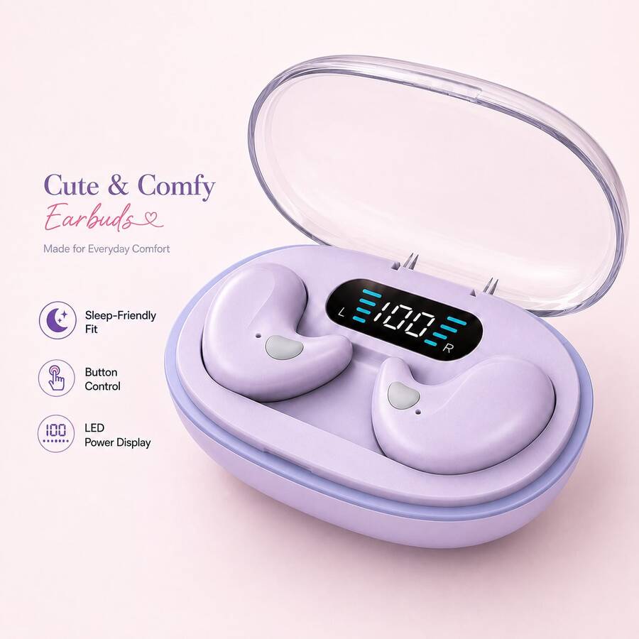 Mini Wireless Earbuds For Side Sleeping, Comfortable Fit, Button Control, LED Battery Display, Compact Charging Case, 150mAh Battery