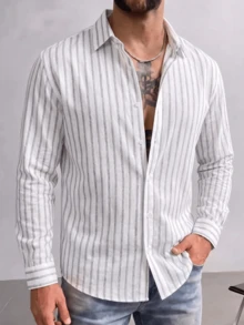 Men's Casual Commute Striped Long Sleeve Shirt, Suitable For Spring, Autumn, Winter, Daily Wear - Multicolor - View 3