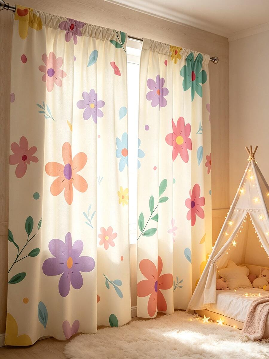 2pcs Pink Floral Curtains, Rod Pocket Design For Privacy Protection, Suitable For Bedroom, Living Room, Dining Room, Balcony, Tea Room, Basement And Other Home Decor. Birthday Gift, Suitable For All Seasons - Multicolor - View 1
