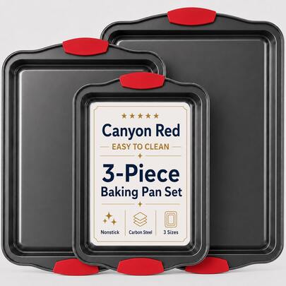 LDQ WONGIRL 3pcs Carbon Steel Non-Stick Baking Pan | Oven & Toaster Accessories, Commercial Restaurant Grade, Double-Sided Non-Stick Coating, Luxurious & Stylish Design With Red Silicone Handle - Oven Kitchen Accessories, Professional Kitchenware