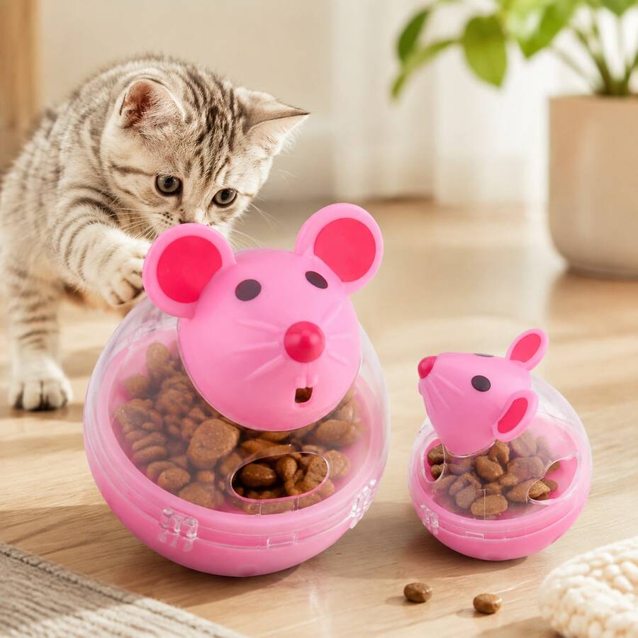1pc Interactive Cat Feeder Toy, Rolling Mouse Design, Pink And White Plastic Material, Battery-Free, Suitable For Kittens And Adult Cats Feeding Training - Multicolor - View 1