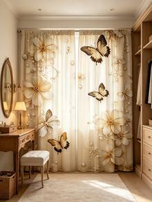 2 Stücke beige Schmetterling Perlmuster Vorhänge, gute Lichtdurchlässigkeit, Stangendurchzug, Sichtschutz, modischer Muster, geeignet für Schlafzimmer, Küche und Wohnzimmer, perfekt für Heimdekoration, 2D Flachdruck, vielseitige dekorative Vorhänge - Verschiedenfarbig - Übersicht 9