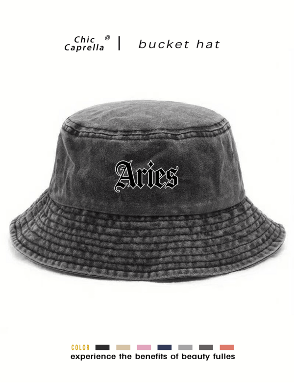 Classic Vintage Y2K Washed "Aries" Original Bucket Hat Trucker Cap, Unisex Hat For Men And Women, Suitable For All Seasons Spring Summer Autumn Winter, Perfect Gift For Valentine's Day, Bachelor Party, Father's Day, Mother's Day, Teacher's Day, Back To School, Halloween, Bride, Student, Teacher, Essential For Women's Summer Travel Beach Seaside, Women's Beach Hat, Bride Wedding Essential, Women's Accessories Available In Pink, Black Puerto Rican Casual Headwear Women's Trucker Cap
