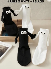 1/2/4/6/12 Pairs 3D Eye Hand-In-Hand Design Socks, Cute Creative, Soft And Breathable, Casual Daily Wear For Couples And Best Friends, Back To School Gift, Women's Socks - Black and White - View 10