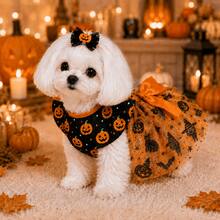 PETSIN Halloween Pumpkin Dog Tutu Dress With Large Bow And Ruffle Sleeves, Shiny Tulle Skirt With Witch And Bat Prints, Cute Holiday Outfit For Small And Medium Dogs And Cats - Orange - View 5