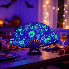 Halloween Folding Hand Fan, Fluorescent Glowing Fan With Pumpkin, Bat, Spider Web, Moon And Star Patterns, Large Rave Clack Fan, Suitable For Parties, Festivals, Nightclubs, Costume Accessories - Multicolor - View 2