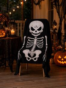 Halloween Skeleton Chair Decor Cover, Black Ghost Face Skeleton Print Dining Chair Back Cover, Gothic Horror Style Party Supplies, Suitable For Halloween Dinner, Haunted House Decoration, Family Gathering, Photo Backdrop And Indoor Holiday Decor - Black - View 2