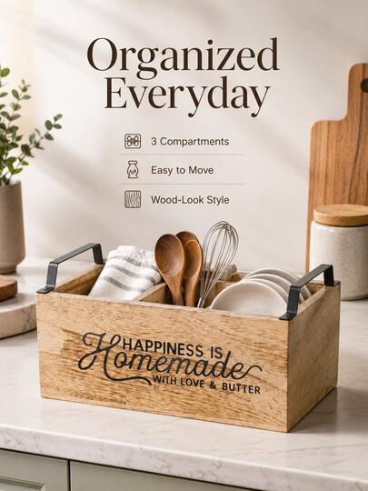 1pc American Country Rustic Style Natural Wood Grain + Front English Print, Rectangular 4-Compartment Storage Box, Light Natural Wood Color, 4-Compartment Divider, Dual Black Metal Handles, Open Top, Smooth Solid Wood Board, Cutlery, Napkins, Baking Tools, Kitchen Small Items Classification Storage, Metal Handle Divided Wooden Cutlery Storage Box, Kitchen Countertop, Sideboard, Baking Area, Dining Bar, Pantry