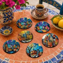 6pcs, Small Town Pattern Printed Diatomaceous Earth Coasters, Absorbent Drink Coasters, Coffee Cup Coasters, Mug Coasters, Tea Cup Coasters, Desktop Protection Pads, Suitable For Dining Table, Coffee Table, Bar Counter And Office Desk Decoration - Multicolor - View 6