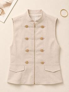 Women's Solid Color Vintage Military Style Stand Collar Sleeveless Vest, Spring/Summer - Khaki - View 2