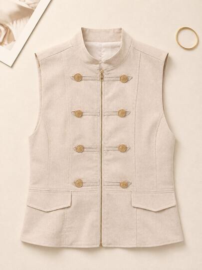 Women's Solid Color Vintage Military Style Stand Collar Sleeveless Vest, Spring/Summer