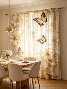 2 Stücke beige Schmetterling Perlmuster Vorhänge, gute Lichtdurchlässigkeit, Stangendurchzug, Sichtschutz, modischer Muster, geeignet für Schlafzimmer, Küche und Wohnzimmer, perfekt für Heimdekoration, 2D Flachdruck, vielseitige dekorative Vorhänge - Verschiedenfarbig - Übersicht 8