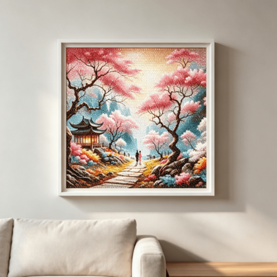 Frameless Mosaic Diamond Painting, Vintage Peach Blossom Pavilion Landscape Couple Scene, DIY Full Drill Diamond Sticker Art, Living Room Wall Decor Hanging Painting