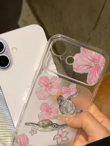 1件透明木槿粉花海龜極簡全包覆TPU防震手機殼，適用於 17、16、15、14、13、12、11 Pro Max、Air - 彩色 - 查看 3
