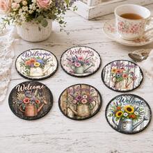 6pcs Floral Pattern Printed Diatomaceous Earth Coasters, Absorbent Beverage Coasters, Coffee Cup Coasters, Mug Coasters, Tea Cup Coasters, Desk Protection Pads, Suitable For Dining Table, Coffee Table, Tea Table, Bar Counter And Office Desk Decoration - Multicolor - View 6