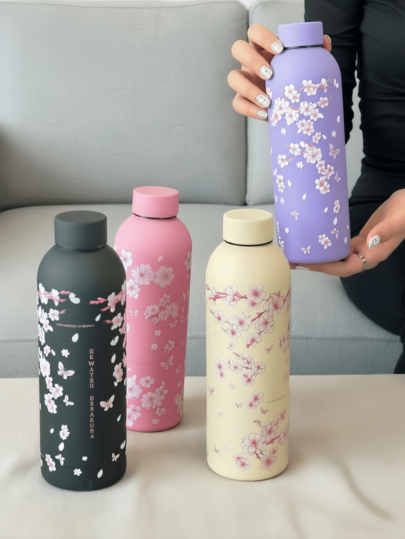 1pc 500ml/17oz Pink Sakura Series Sports Water Bottle, Original Stainless Steel Double-Wall Vacuum Insulated Cup, Cold-Keeping Cup, Travel Outdoor Cup, Fitness Sports Cup, Flat Bottom Cup, Car Cup, All-Season Drinking Cup, Holiday Gift, Birthday Gift, Mother's Day Gift, Father's Day Gift, Back To School Gift, Valentine's Day Gift