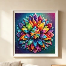 抽象花卉鑽石畫，彩色曼陀羅蓮花藝術圖案，DIY馬賽克鑽石貼紙，無框客廳牆面裝飾 - 圓鑽 - 查看 1