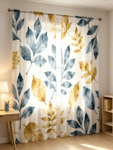 2PCS Botanical Leaf Print Sheer Curtains, Blue And Gold Leaves Pattern Window Panels, Lightweight Voile Curtains, Light Filtering Rod Pocket Drapes For Living Room Bedroom Home Decor - Multicolor - View 1