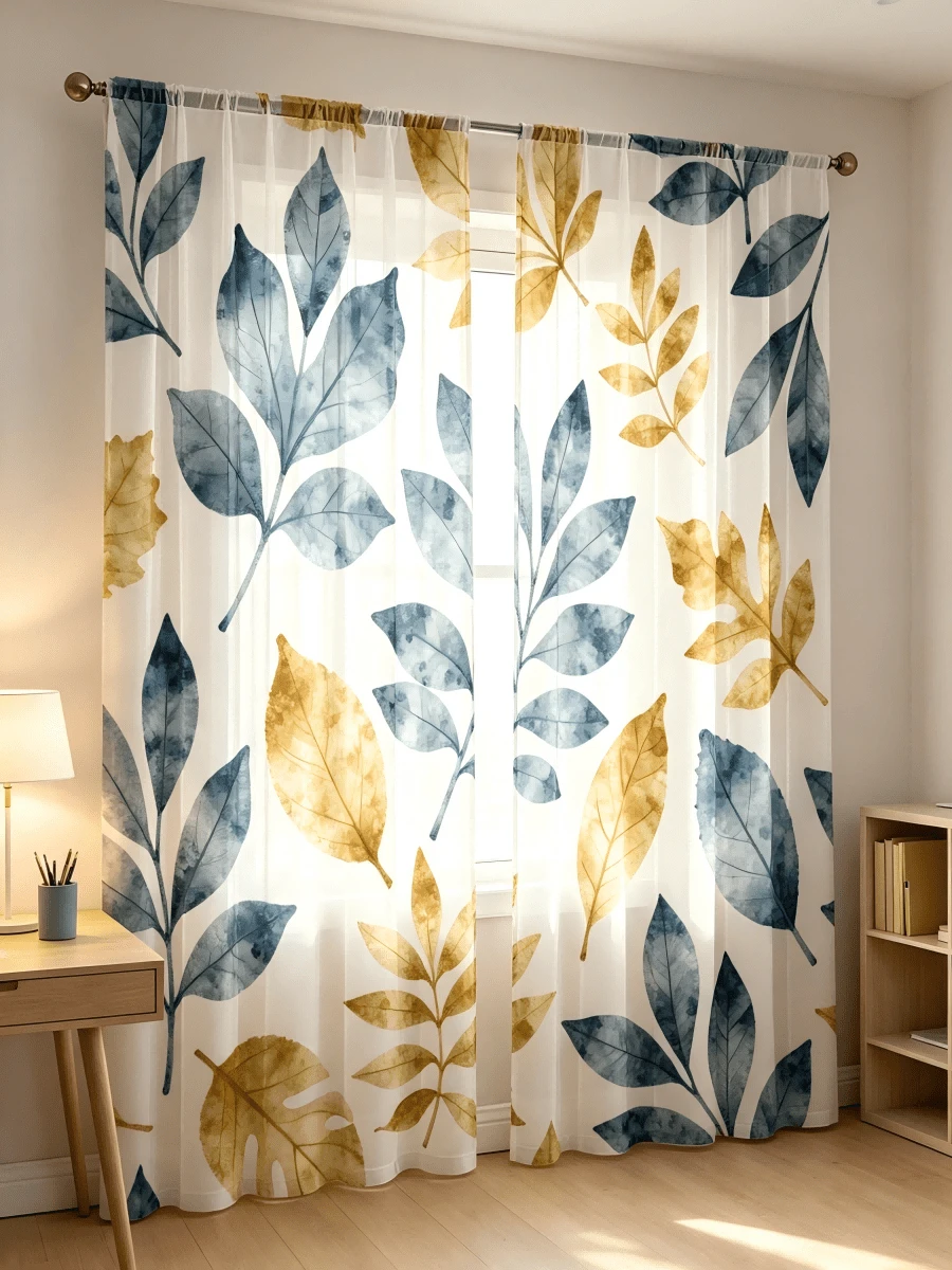 2PCS Botanical Leaf Print Sheer Curtains, Blue And Gold Leaves Pattern Window Panels, Lightweight Voile Curtains, Light Filtering Rod Pocket Drapes For Living Room Bedroom Home Decor - Multicolor - View 1