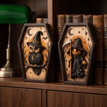 1/6pcs Vintage Coffin Shape Wooden Halloween Table Decor Black Cat Ghost Owl Skeleton Pumpkin Man Relief Plaque Farmhouse Wall Desktop Ornament For Halloween Party Home Shelf Decor Gift - Multicolor - View 8