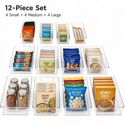 12-Piece Mixed-Size Clear Refrigerator Organizer Bins, Stackable Open Pantry Storage Set For Seasoning Packets, Tea Boxes And Small Jars