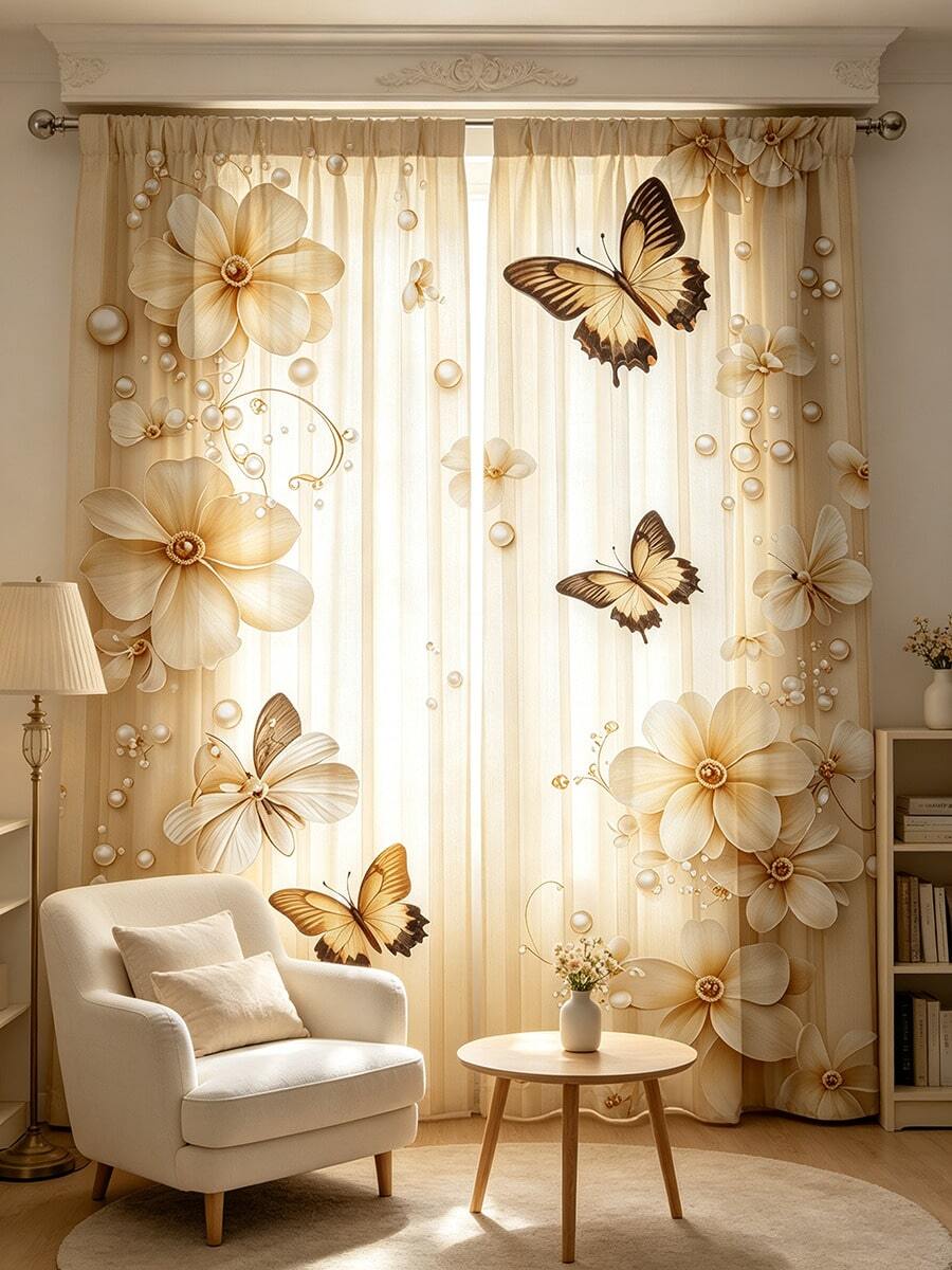 2 Stücke beige Schmetterling Perlmuster Vorhänge, gute Lichtdurchlässigkeit, Stangendurchzug, Sichtschutz, modischer Muster, geeignet für Schlafzimmer, Küche und Wohnzimmer, perfekt für Heimdekoration, 2D Flachdruck, vielseitige dekorative Vorhänge - Verschiedenfarbig - Übersicht 1