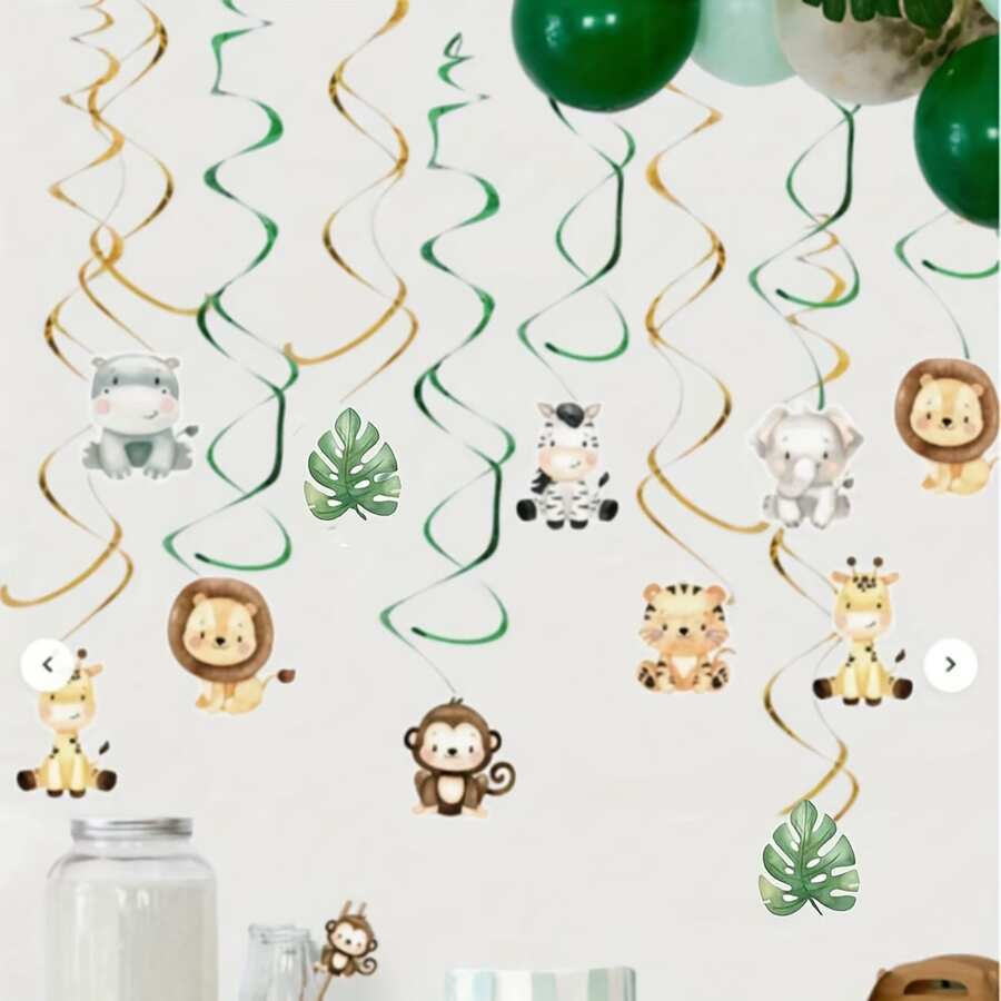 12pcs Grassland Animal Spiral Hanging Decorations With Lion, Giraffe And More, Cartoon Animal DIY For Room Decor, Background Decoration, Atmosphere Creation, Birthday Party Decoration - View 1