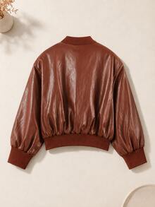 Autumn/Winter Solid Color Faux Leather Padded Shoulder Aviator Jacket - Burgundy - View 7