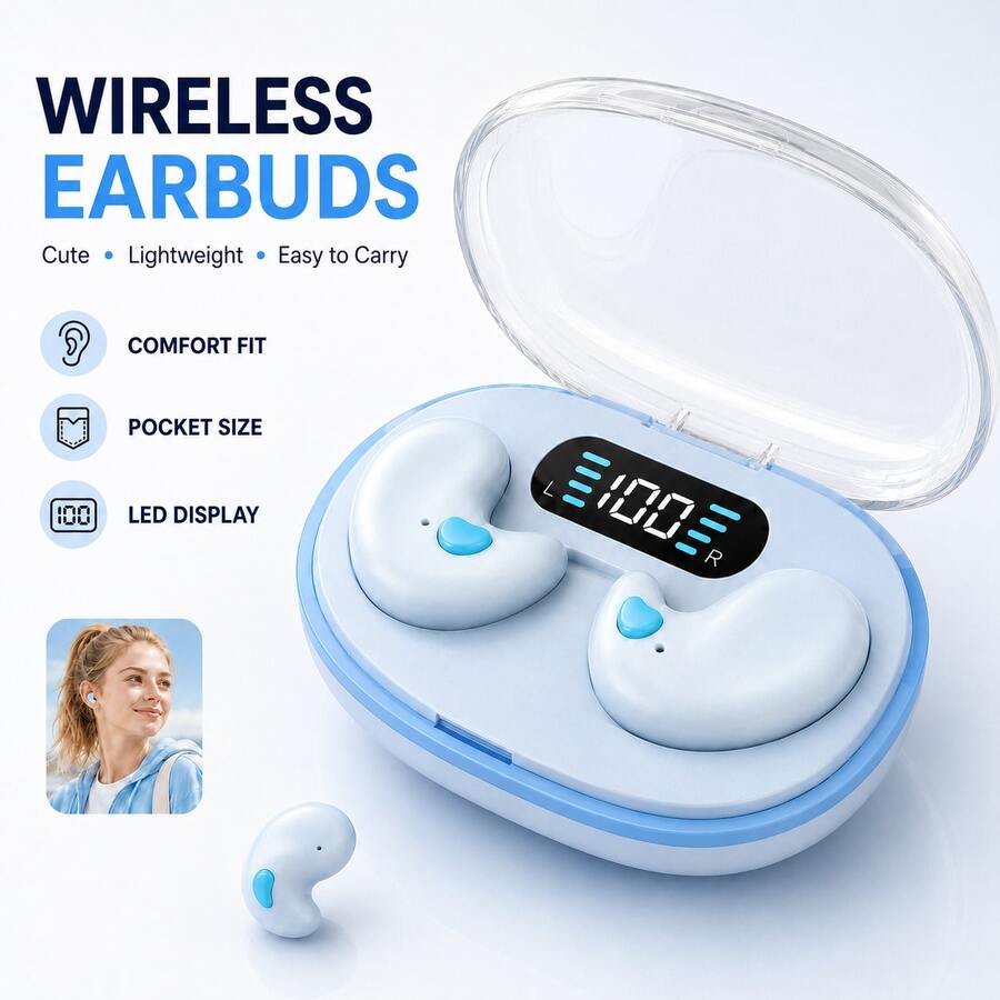 Earbud Nirkabel dengan Indikator Baterai LED, Mini, Ringan, dan Nyaman Dipakai, Kontrol Tombol, Kotak Pengisian Daya Ringkas, Cocok untuk Tidur, Bepergian, dan Penggunaan Sehari-hari, Baterai 150mAh