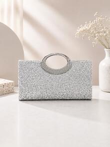 亮片聚酯纖維晚宴手拿包，配水鑽橢圓金屬手柄，銀色與金色，女士正式婚禮派對宴會手提包 - 銀色 - 查看 3
