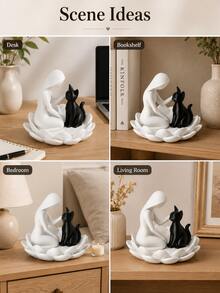 Human And Cat Statue, Modern Black And White 3D Printed Desktop Sculpture, Creative Cat Lover Decor, With Floral Base, Artistic Office Desk Ornament, Suitable For Living Room, Bedroom, Office, Bookshelf, Birthday, Anniversary And Housewarming Gift - Multicolor - View 8