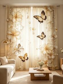 2 Stücke beige Schmetterling Perlmuster Vorhänge, gute Lichtdurchlässigkeit, Stangendurchzug, Sichtschutz, modischer Muster, geeignet für Schlafzimmer, Küche und Wohnzimmer, perfekt für Heimdekoration, 2D Flachdruck, vielseitige dekorative Vorhänge - Verschiedenfarbig - Übersicht 2