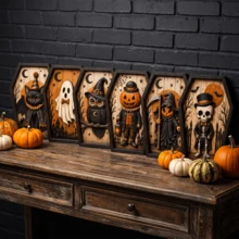 1/6pcs Vintage Coffin Shape Wooden Halloween Table Decor Black Cat Ghost Owl Skeleton Pumpkin Man Relief Plaque Farmhouse Wall Desktop Ornament For Halloween Party Home Shelf Decor Gift - Multicolor - View 3