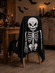 Halloween Skeleton Chair Decor Cover, Black Ghost Face Skeleton Print Dining Chair Back Cover, Gothic Horror Style Party Supplies, Suitable For Halloween Dinner, Haunted House Decoration, Family Gathering, Photo Backdrop And Indoor Holiday Decor - Black - View 6