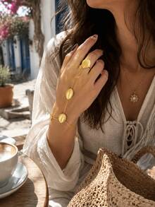 Damen Edelstahl Blatt Ring Armband, Gold Armband mit Blatt Anhänger, Bohème Stil Handschmuck, Urlaubs Accessoire Geschenk für Sie - Gold - Übersicht 2