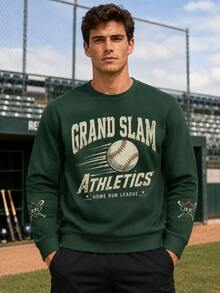 Men's Vintage Baseball Pattern Crew Neck Sweatshirt, GRAND SLAM ATHLETICS Printed Long Sleeve Pullover, Casual Retro Sportswear, Suitable For Daily Wear - Green - View 1